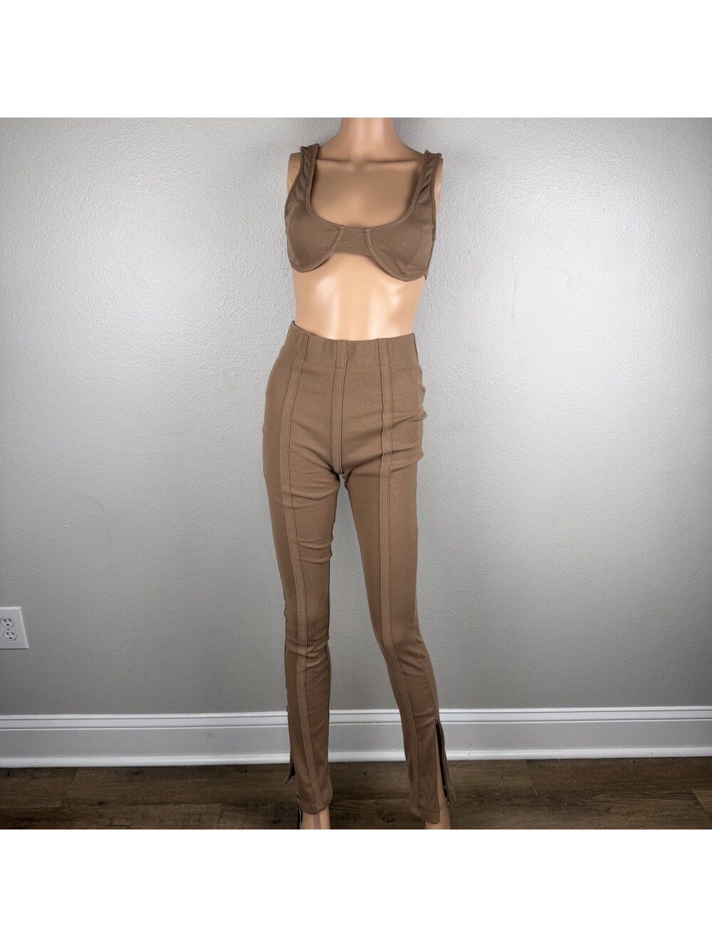 Women’s S Brown Mocha Ribbed 2 Piece Crop Top & High Rise Split Hem Pants Set